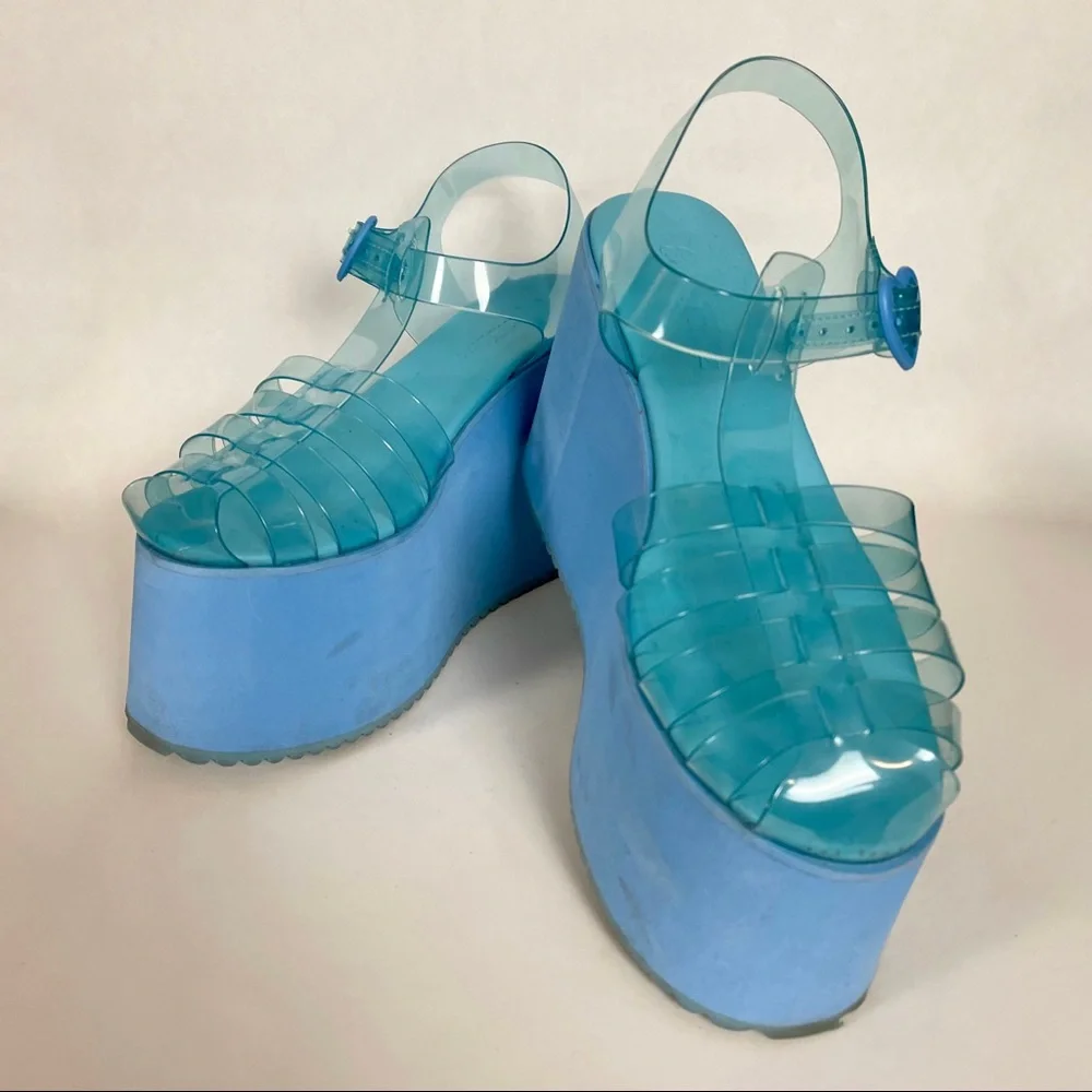 Dolls Kill Blue Clear Jelly Platform Sandals